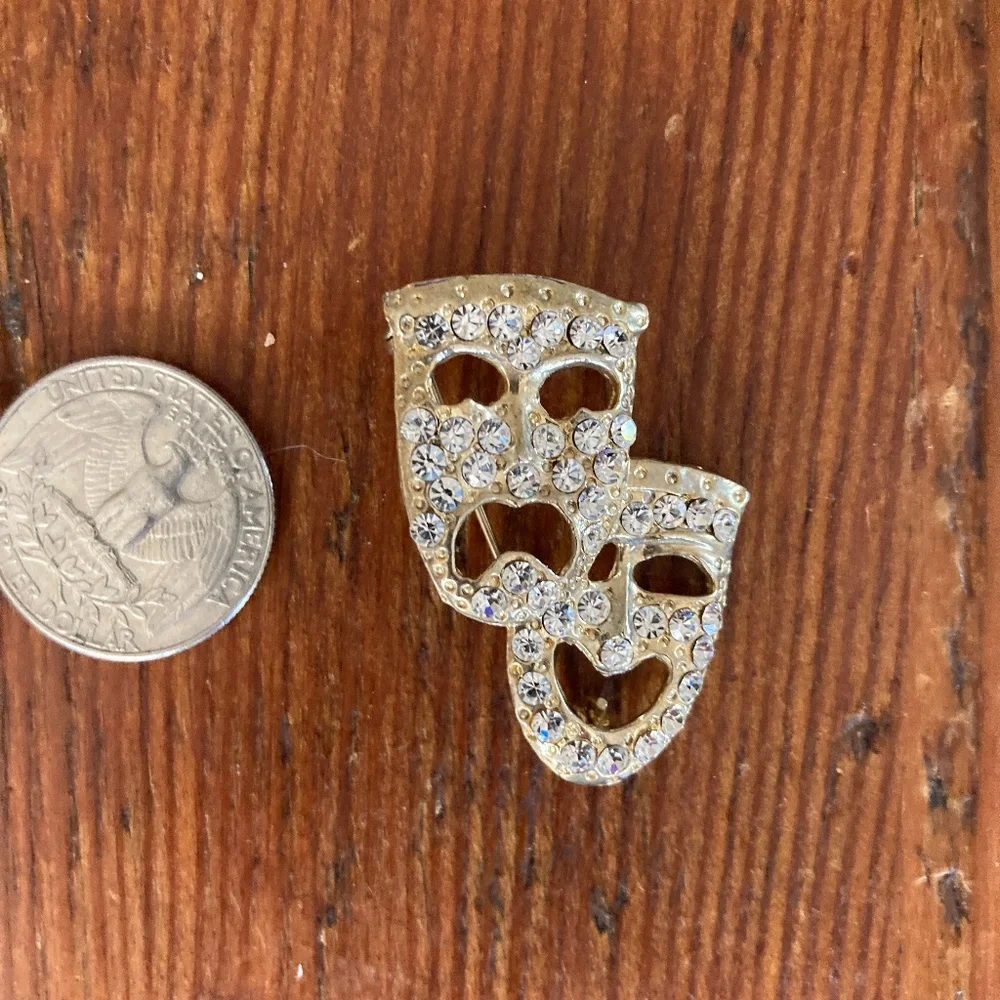 1980's Comedy and Tragedy Masks Pin Brooch with Rhinestones and Goldtone